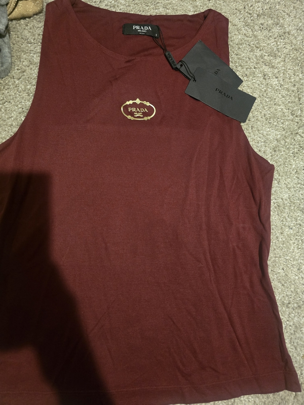 Prada Sleeveless Logo Tank - Burgundy with Gold Emblem